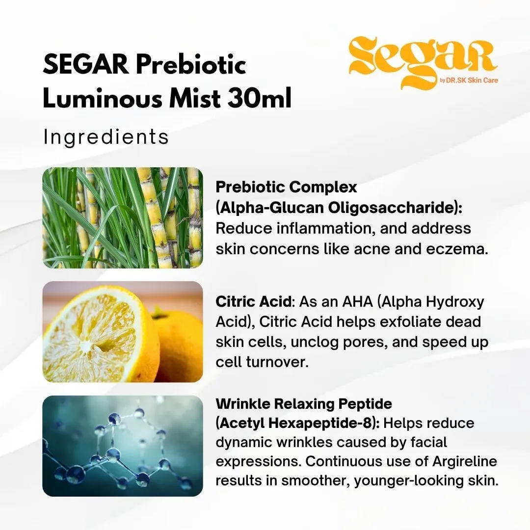 SEGAR Prebiotic Luminous Mist ingredients Alpha Glucan Oligosaccharide Citric Acid Acetyl Hexapeptide 8 for barrier repair