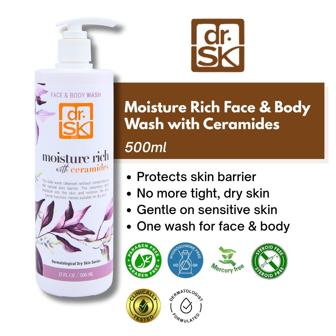 dr.SK Moisture Rich Face and Body Wash with Ceramides 500ml protects skin barrier and hydrates dry sensitive skin