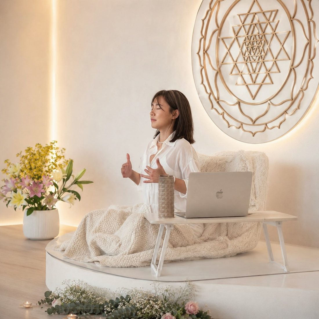 Zia 在學院主教室的壇上閉眼帶領練習,身後是發光的 Sri Yantra