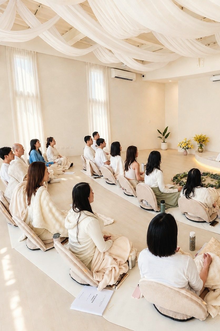 身穿白衣的學員圍坐在教室中,專注聆聽課程