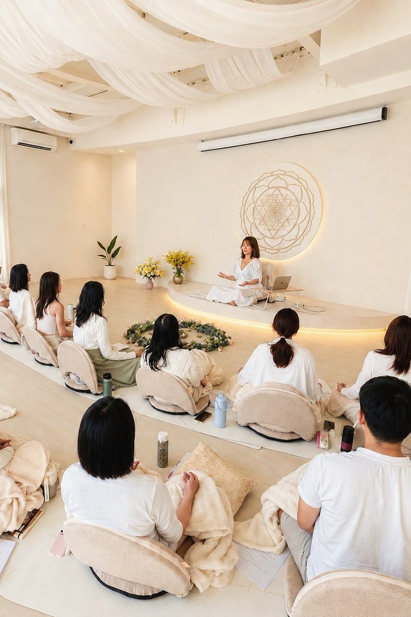 學員身穿白衣圍坐，講師在 Sri Yantra 圖騰前授課