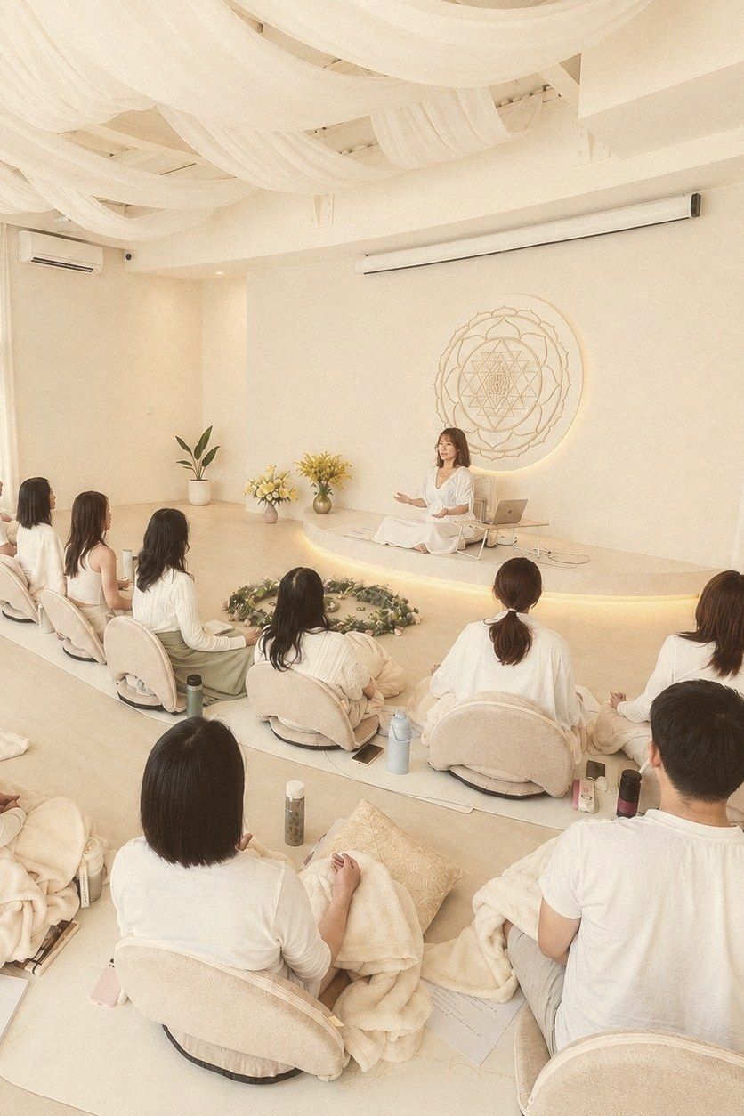 身穿白衣的學員圍坐在教室中，專注聆聽課程