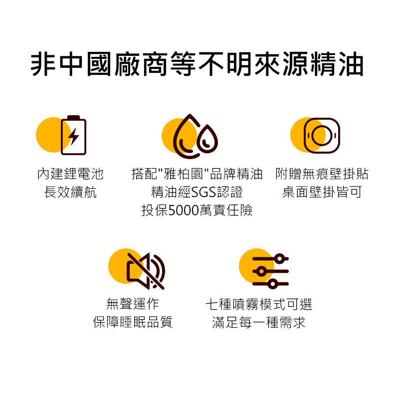 雅柏園 我們自動噴香機搭載的並非中國廠商等不明來源精油，市面上有許多廠商販售搭配的精油，都是來自中國等不知名的廠商，其精油成分未經檢驗、來源不明，我們自動噴香機搭載的精油皆來自台灣品牌【雅柏園】，雅柏園的精油皆經過SGS檢驗並投保5000萬產品責任險，品質穩定安全值得信賴