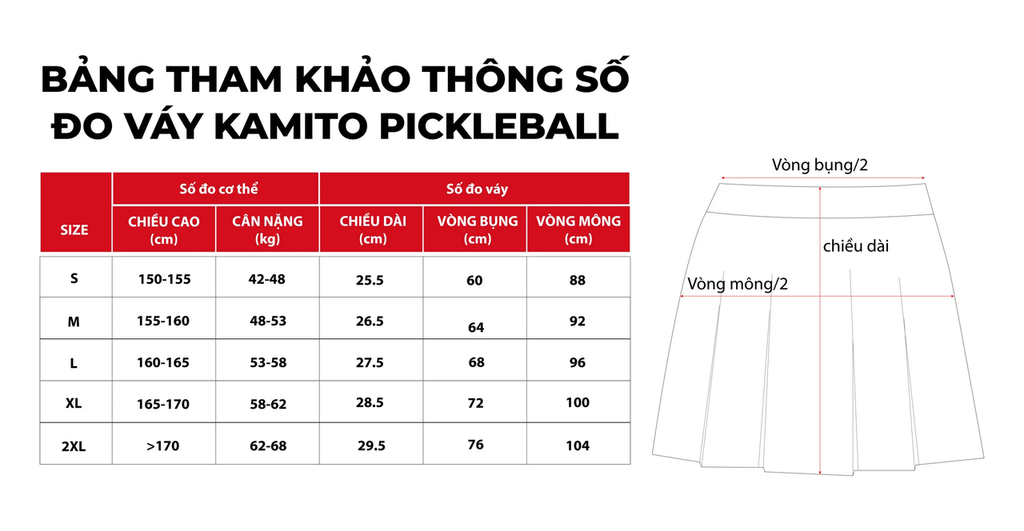 KAMITO TIAMO PICKLEBALL SKIRT SIZE CHART