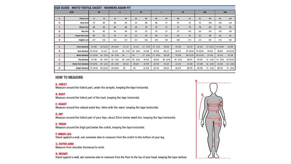 ASTAR WOMEN JACKET SIZE CHART