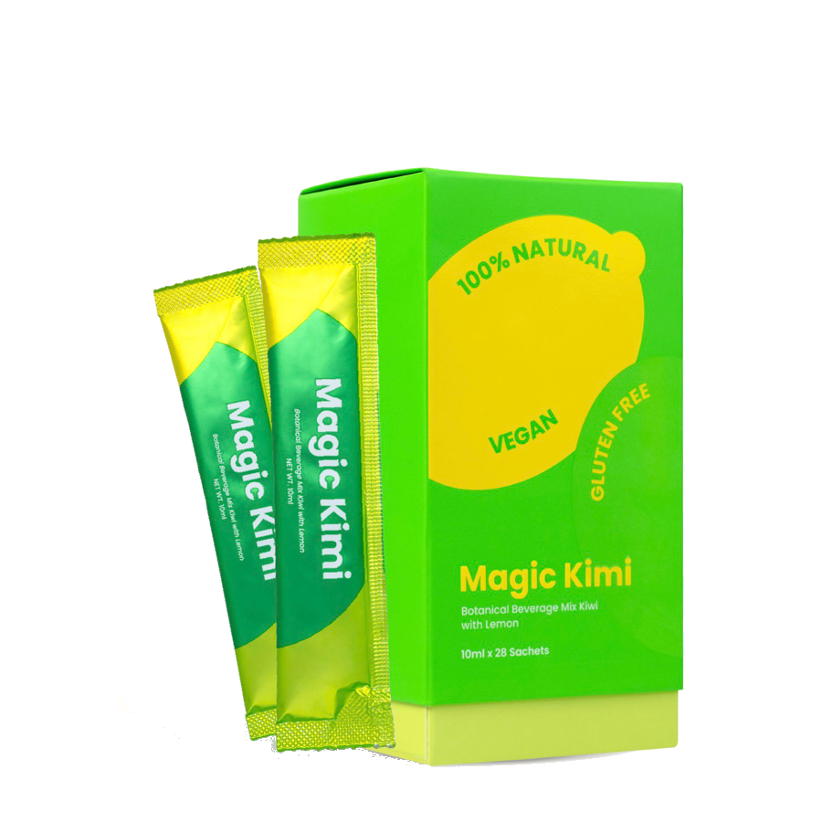 Magic Kimi 産品包裝盒，展示其天然成分和脂肪燃燒效果。