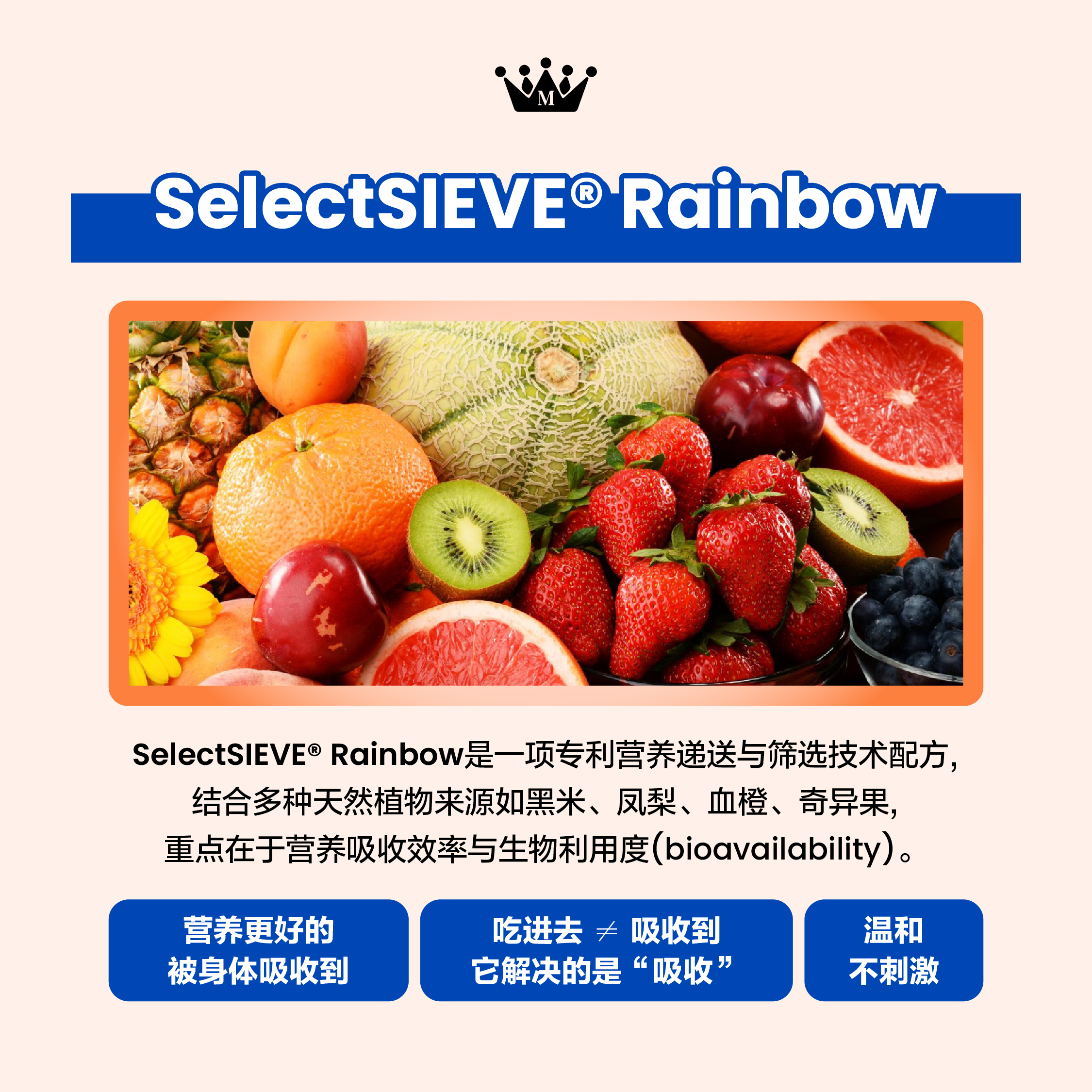 SelectSIEVE® Rainbow 專利技術與水果成分說明圖