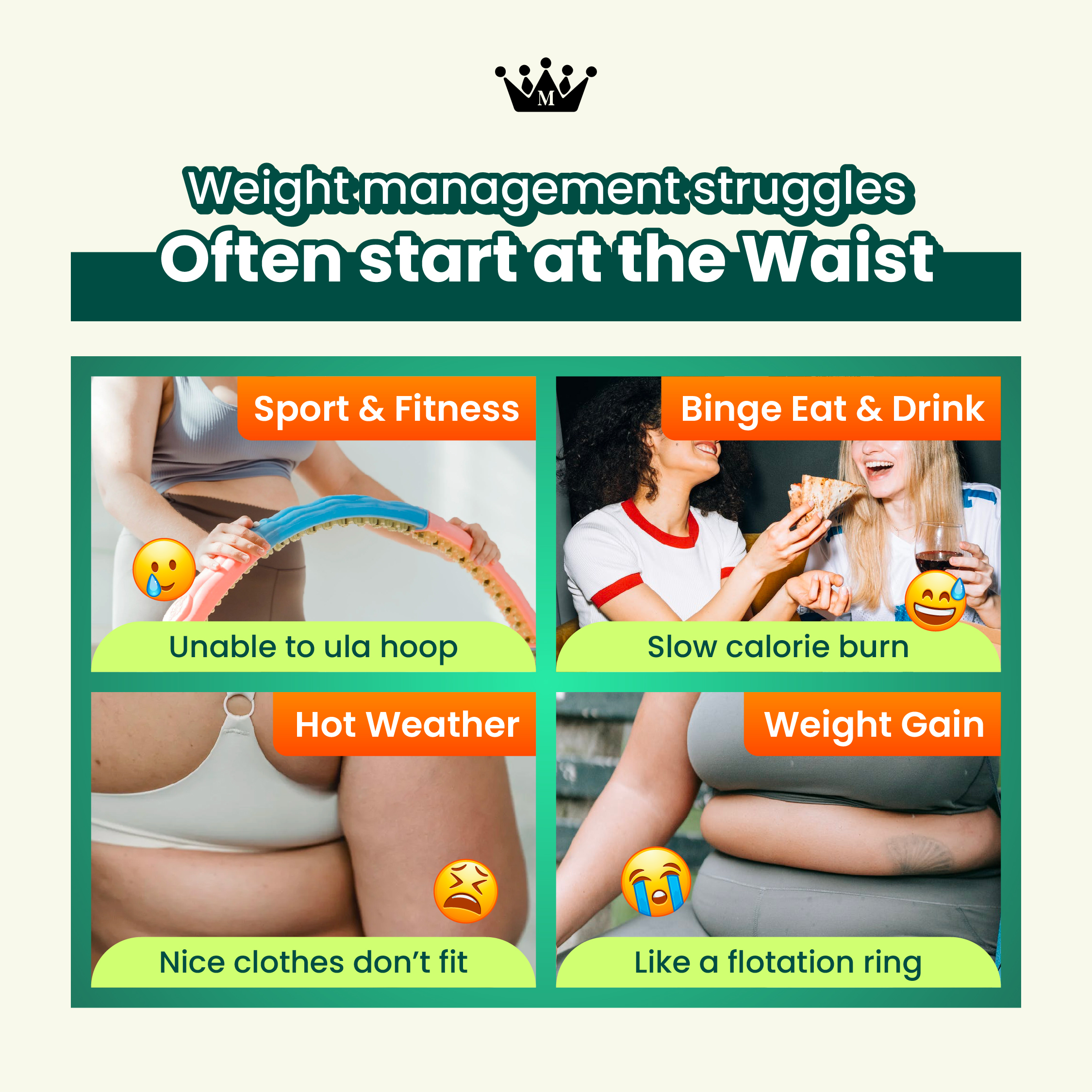 Weight management struggles often starting at the waist including binge eating and slow calorie burn