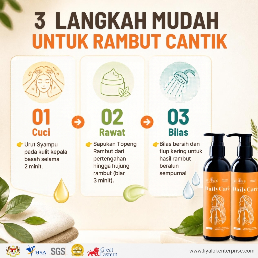 Panduan 3 langkah mudah guna syampu dan topeng rambut MLISS