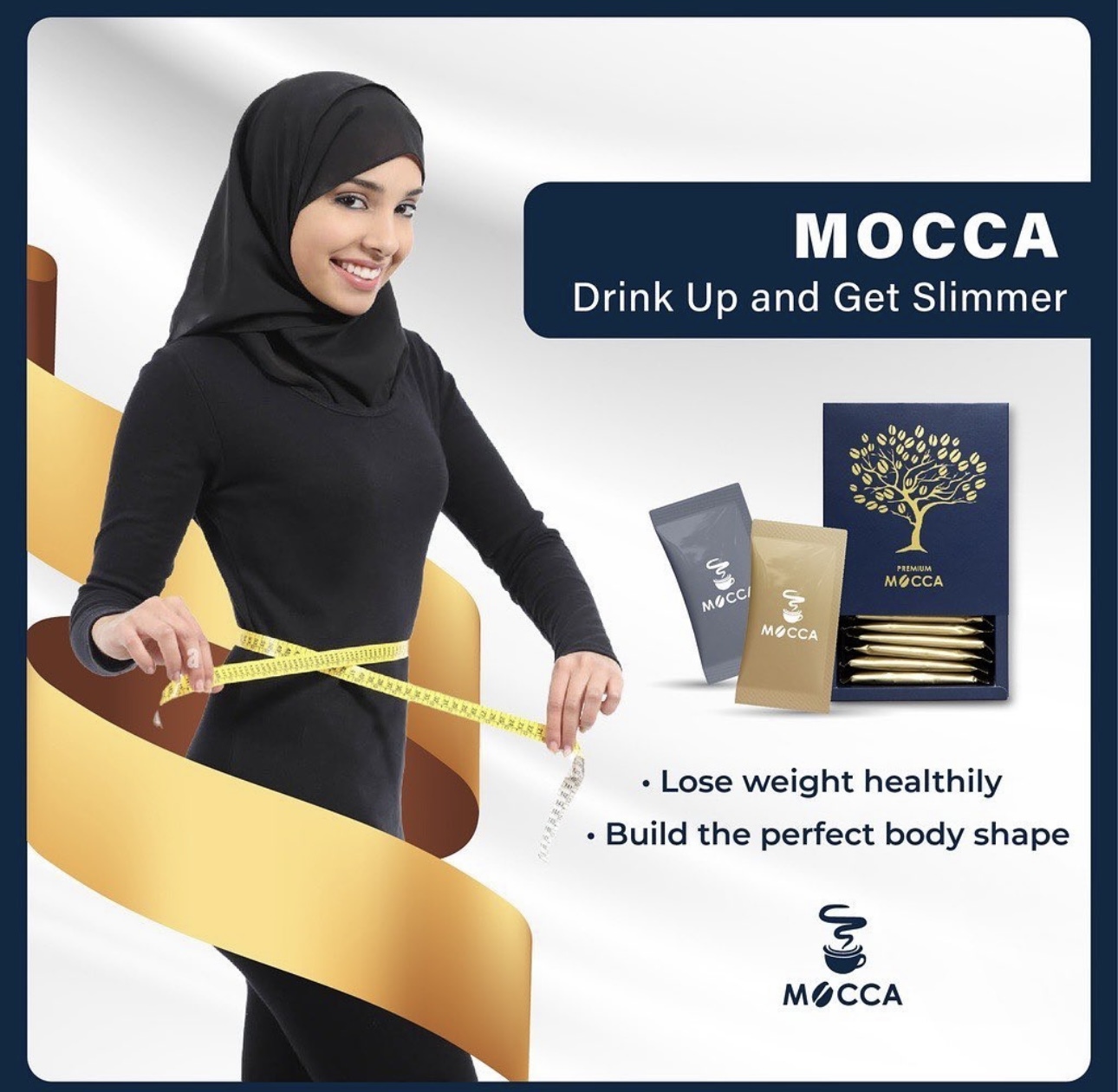 Wanita yang memegang sachet Magic Mocca sambil melakukan senaman, menunjukkan pembakaran 2800 kalori dalam satu cawan.