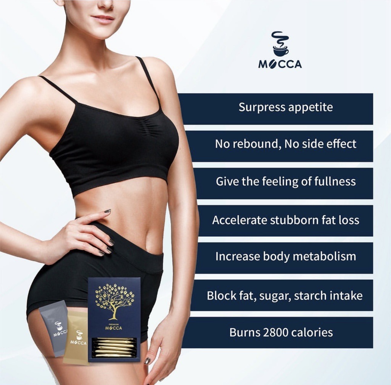 Infografik manfaat Magic Mocca, menunjukkan bahawa satu cawan membakar hingga 2800 kalori, tanpa perlu senaman.