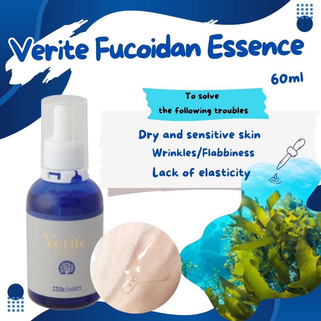 Close-up of Dr.Select Verite Fucoidan Essence 60ml bottle, targeting dry and sensitive skin to boost elasticity.