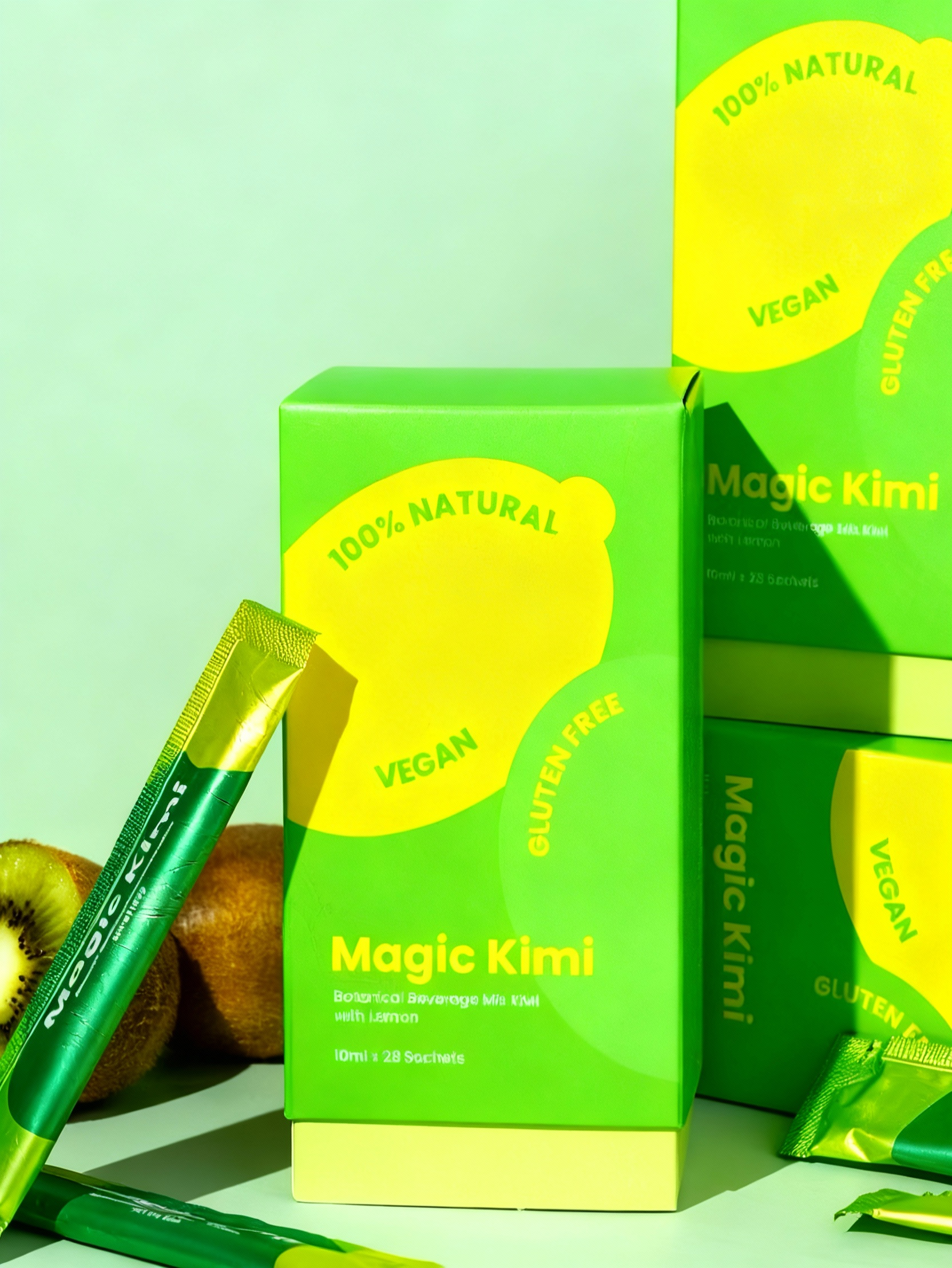 Magic Kimi 独立小包被打开，展示产品和旨在促进新陈代谢的包装设计。
