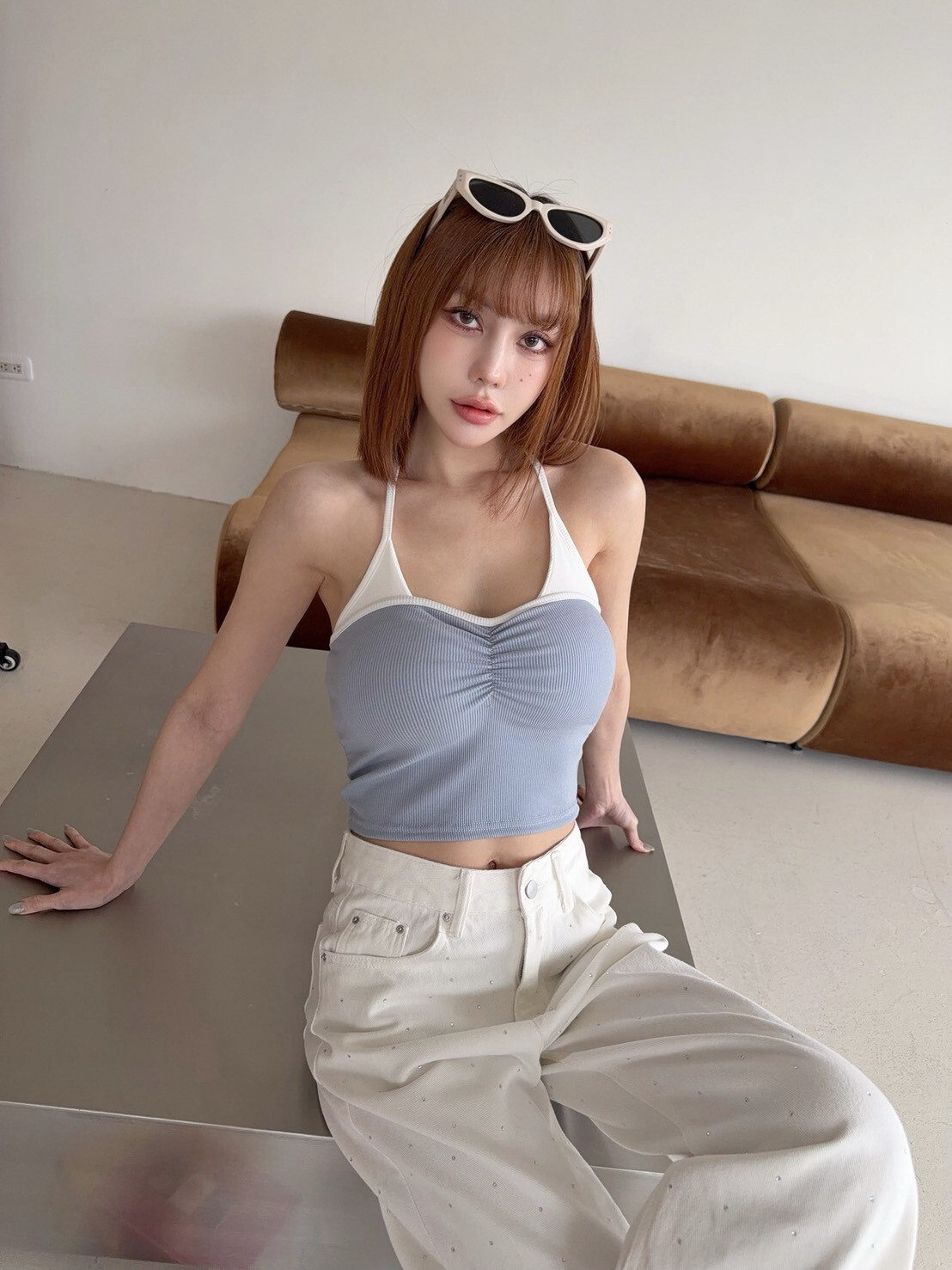 1226訂製款-歐美感撞色綁脖抓皺胸墊背心 (3)