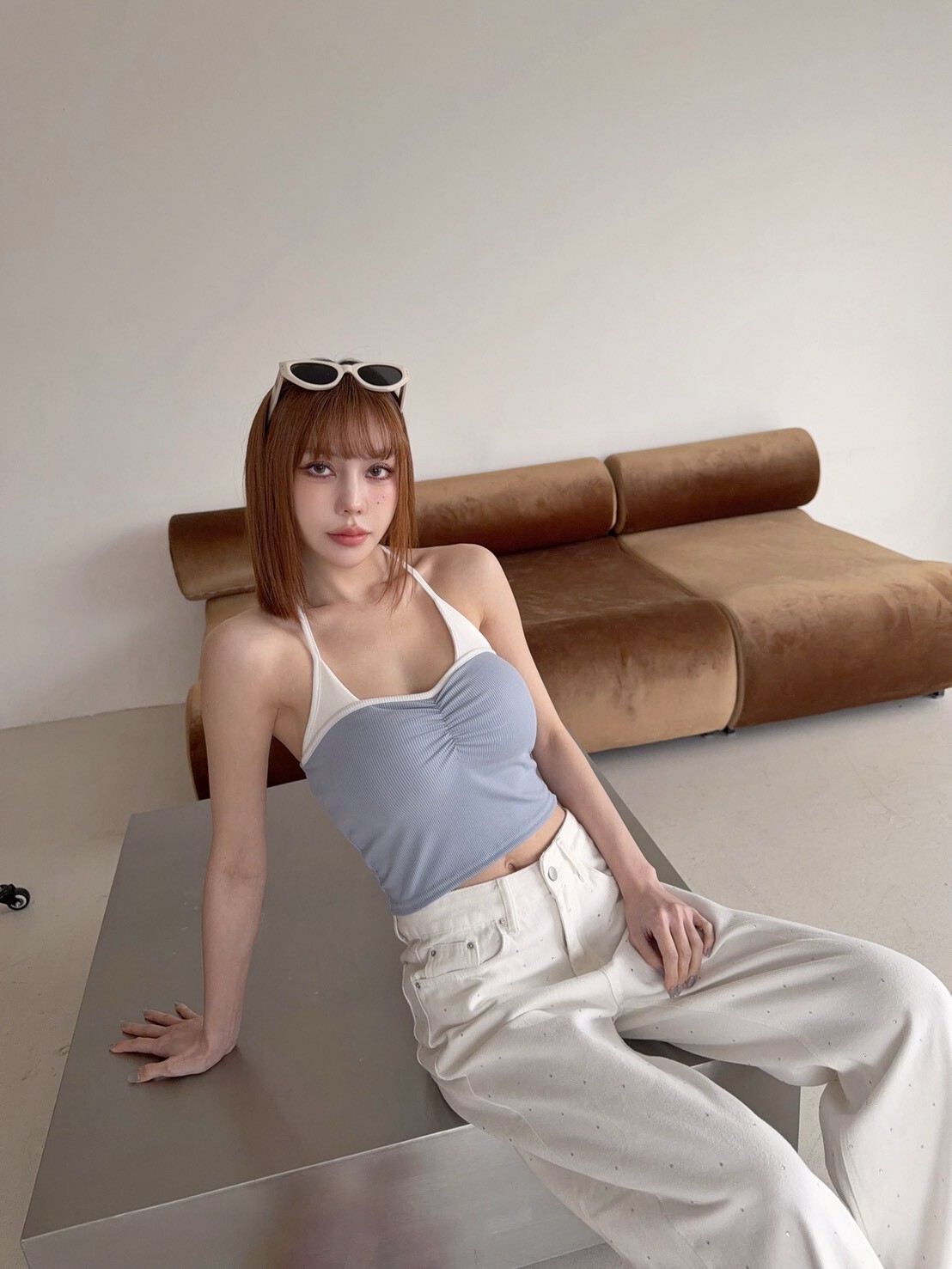 1226訂製款-歐美感撞色綁脖抓皺胸墊背心