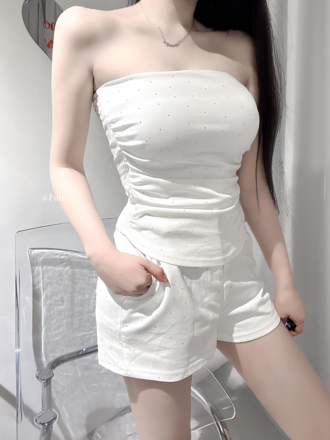 [51386]𝐹𝑢𝑢 · 𝑆𝑝𝑜𝑡 𝑔𝑜𝑜𝑑𝑠內杯平口側抓皺小背心 + 鈕扣拉鍊彈性短褲 2set (2)