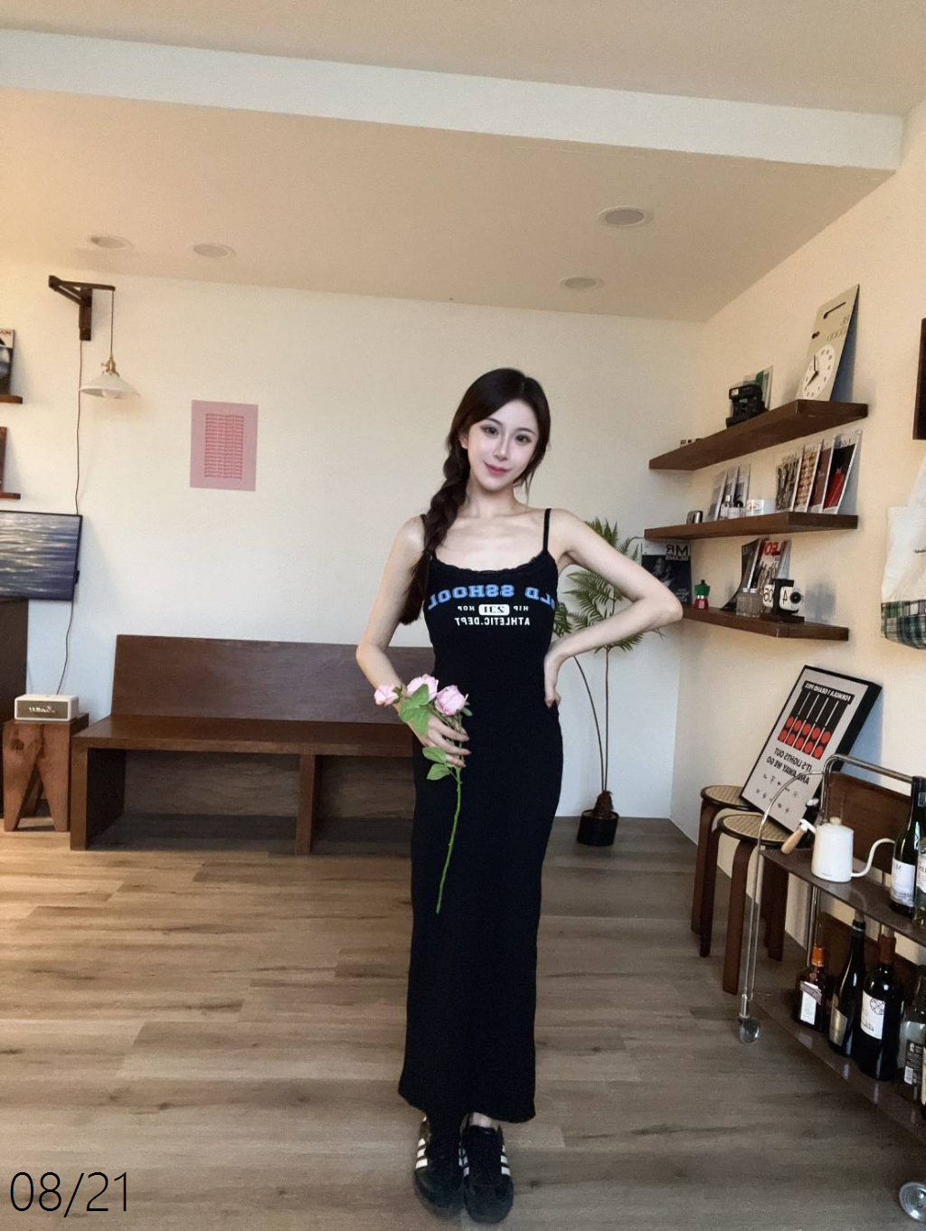 2730美式印花細肩長洋裝〈有胸墊〉