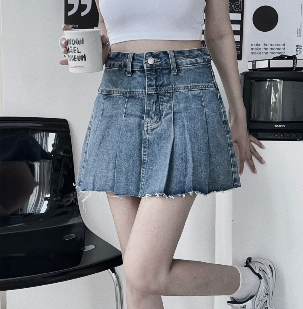 82889670『選品』歐美甜酷刷色牛仔百褶裙 (4)