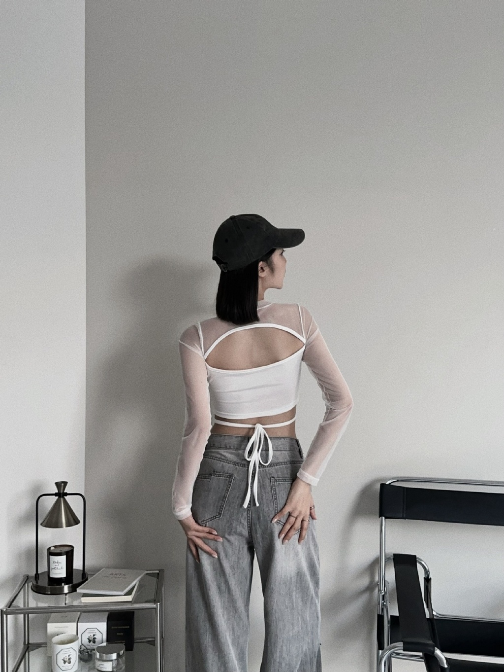 8281001『訂製款』歐美風透紗美背綁腰上衣 (6)