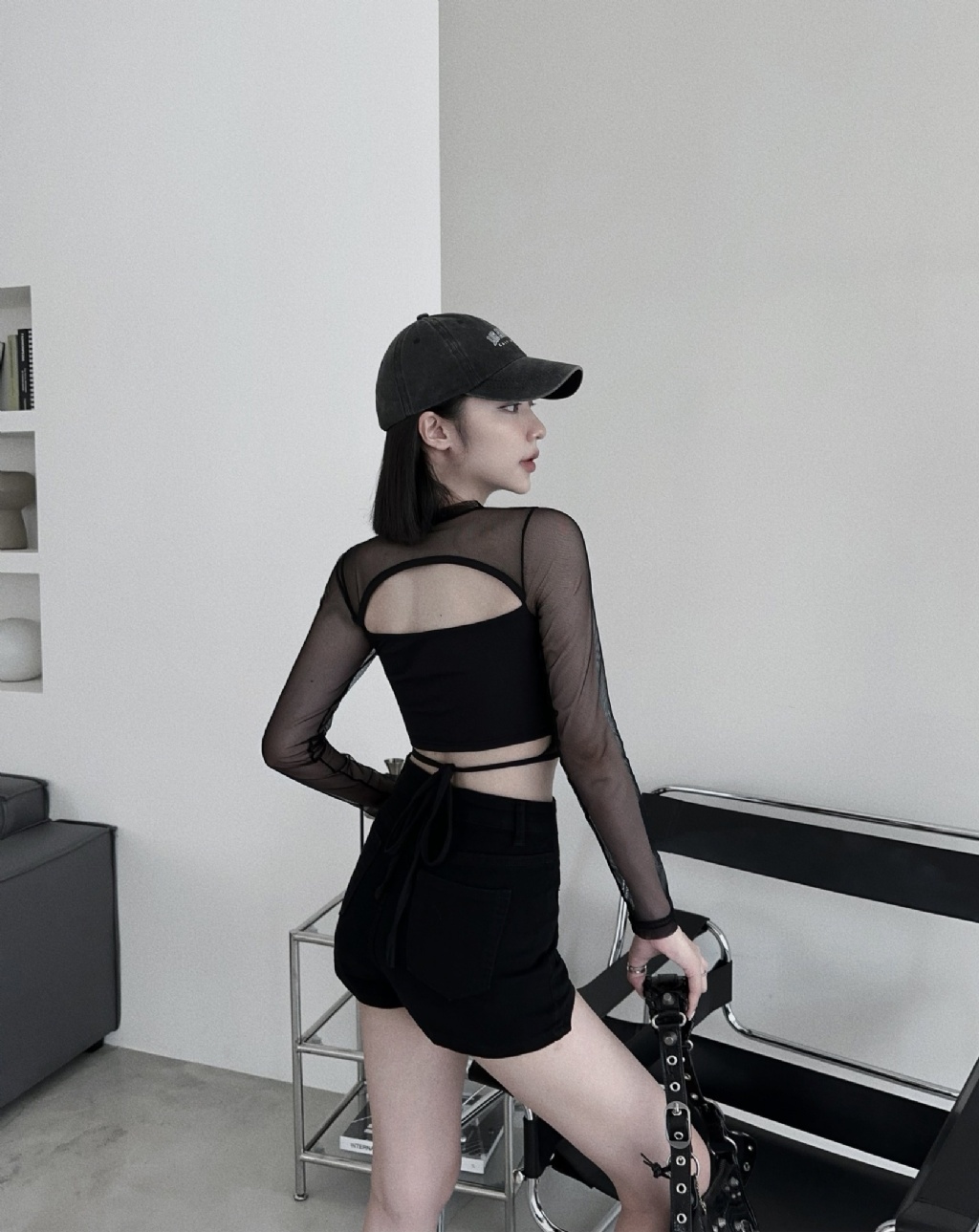 8281001『訂製款』歐美風透紗美背綁腰上衣 (5)