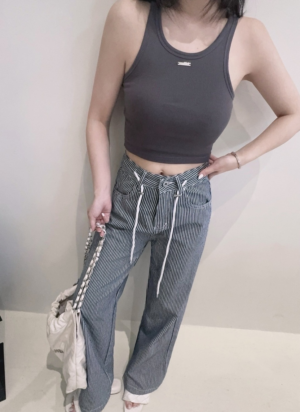 2708直紋牛仔抽繩寬褲ladygo (3)