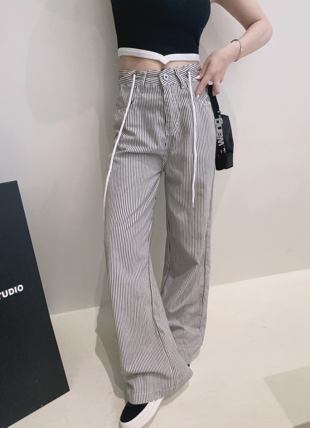 2708直紋牛仔抽繩寬褲ladygo (2)