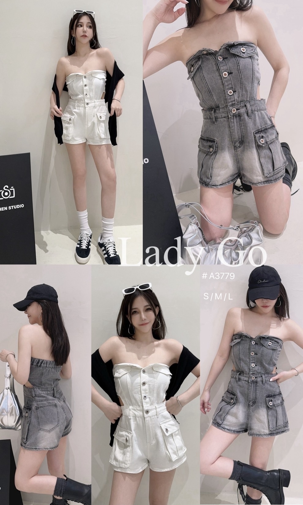 A3779側腰挖空牛仔連身褲