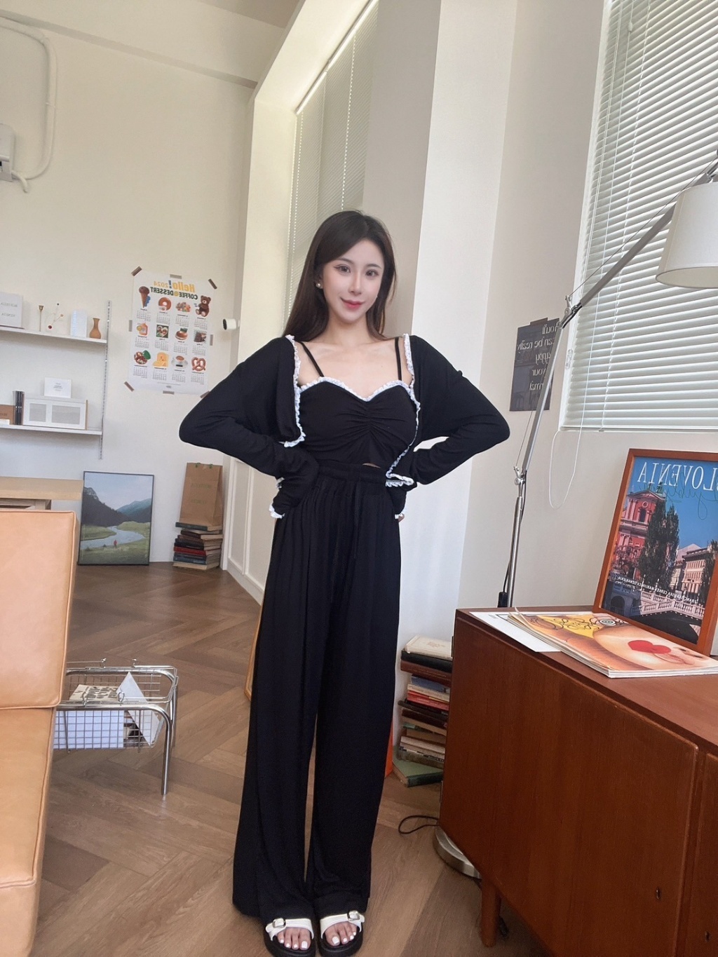 7939 抓皺蕾絲滾邊背心三件套set (4)