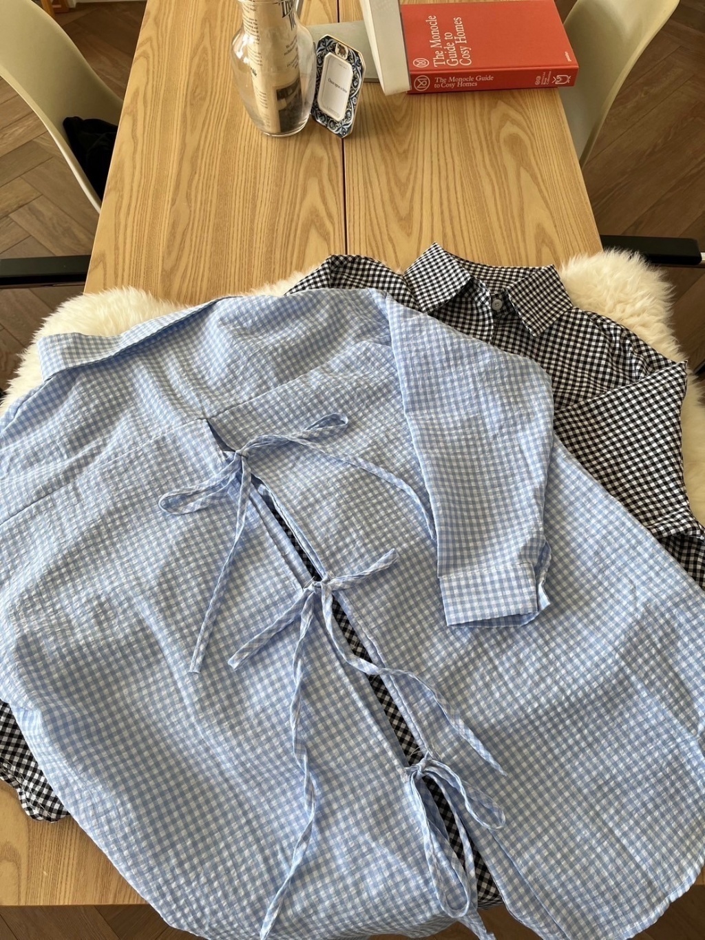 6905格紋寬鬆後綁結造型襯衫 (4)