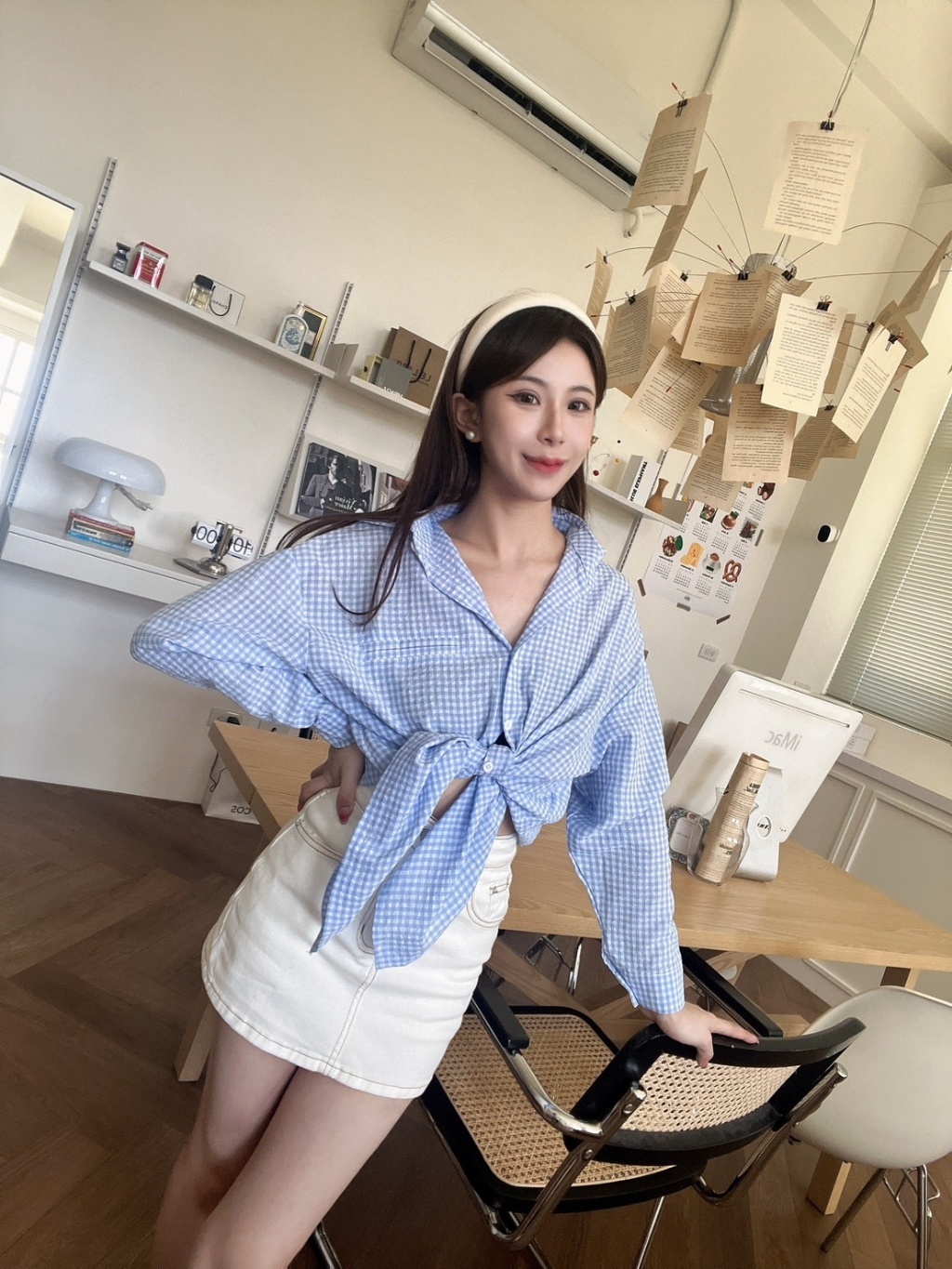 6905格紋寬鬆後綁結造型襯衫 (3)