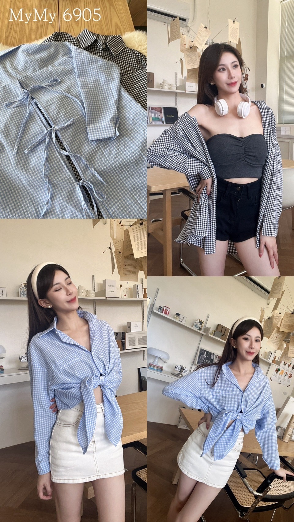 6905格紋寬鬆後綁結造型襯衫