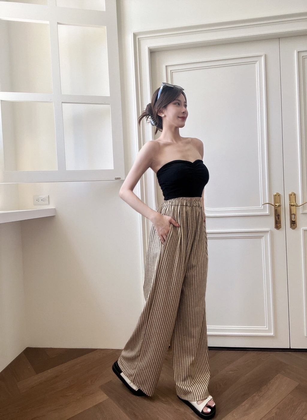 010直條紋棉麻落地闊腿褲 (2)