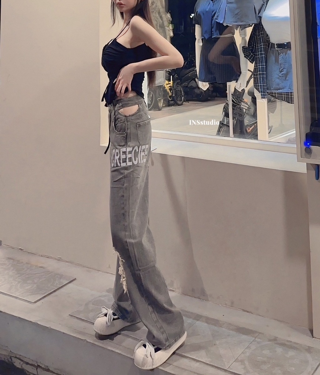 608【美式酷颯】爆款登入！腰镂空破洞高腰宽松阔腿牛仔褲 (2)