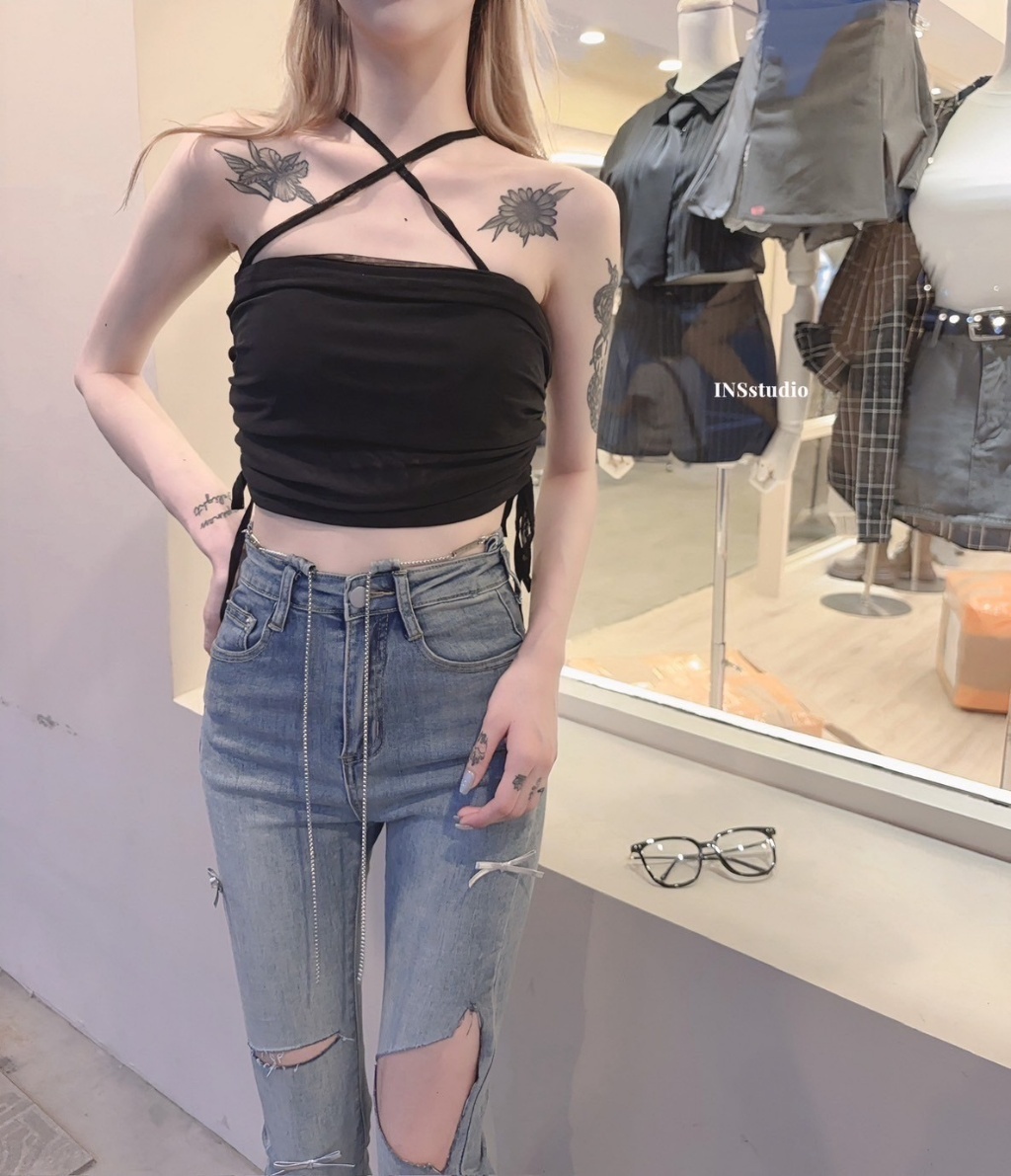 19535【莫奈花園】夏日純欲扎染，挂脖抽繩網紗內搭抹胸上衣 (6)