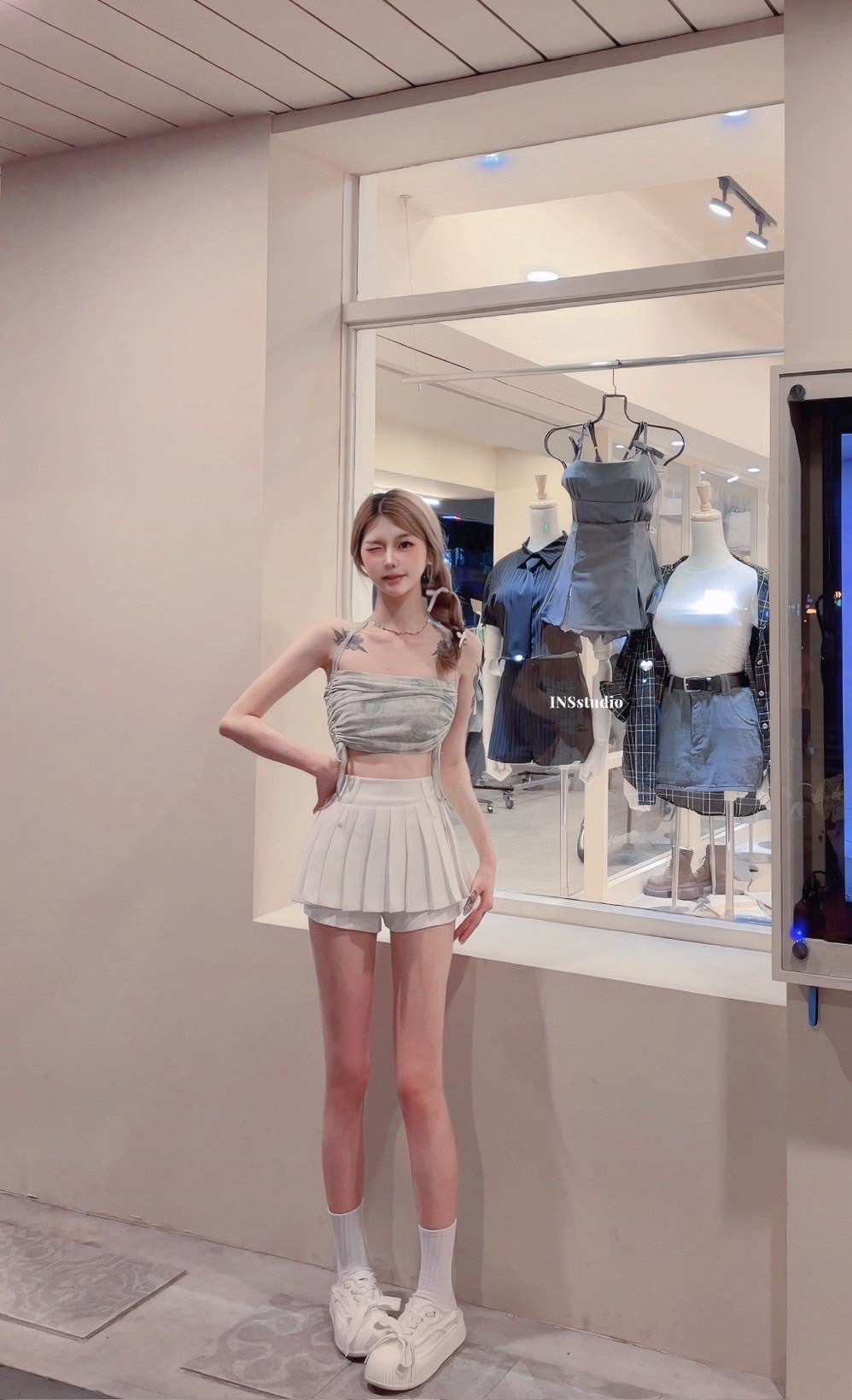 19535【莫奈花園】夏日純欲扎染，挂脖抽繩網紗內搭抹胸上衣 (2)