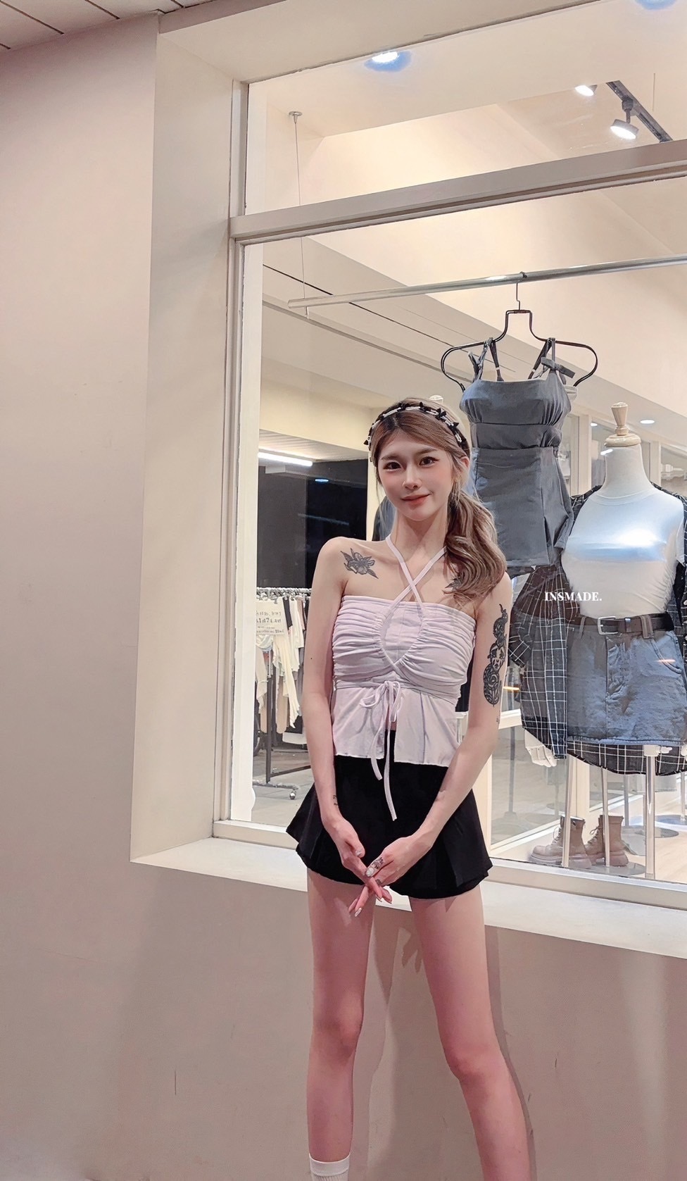 1339【獨家！小眾設計感】獨家爆版！帶胸墊韓國假兩件抽繩掛脖背心 (3)