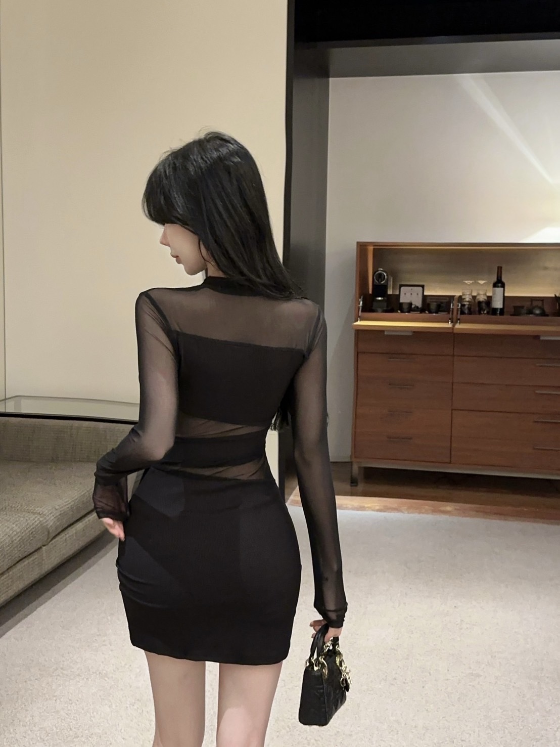 2554性感黑色拼接透视网纱长袖紧身包臀洋 (7)