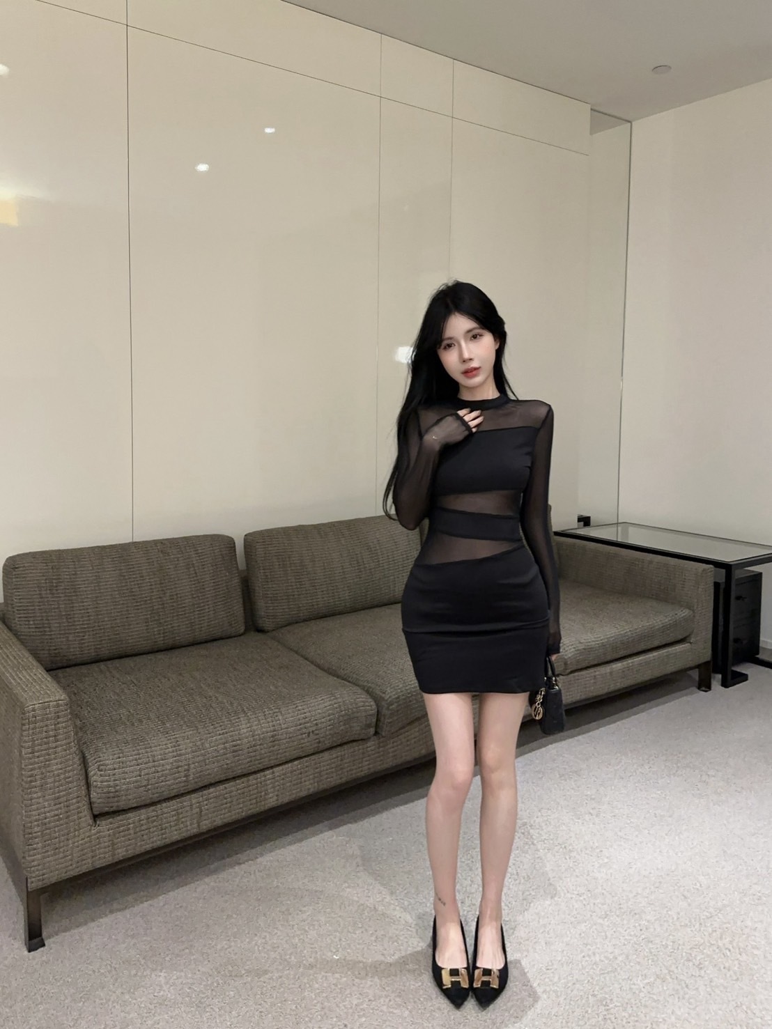 2554性感黑色拼接透视网纱长袖紧身包臀洋 (6)