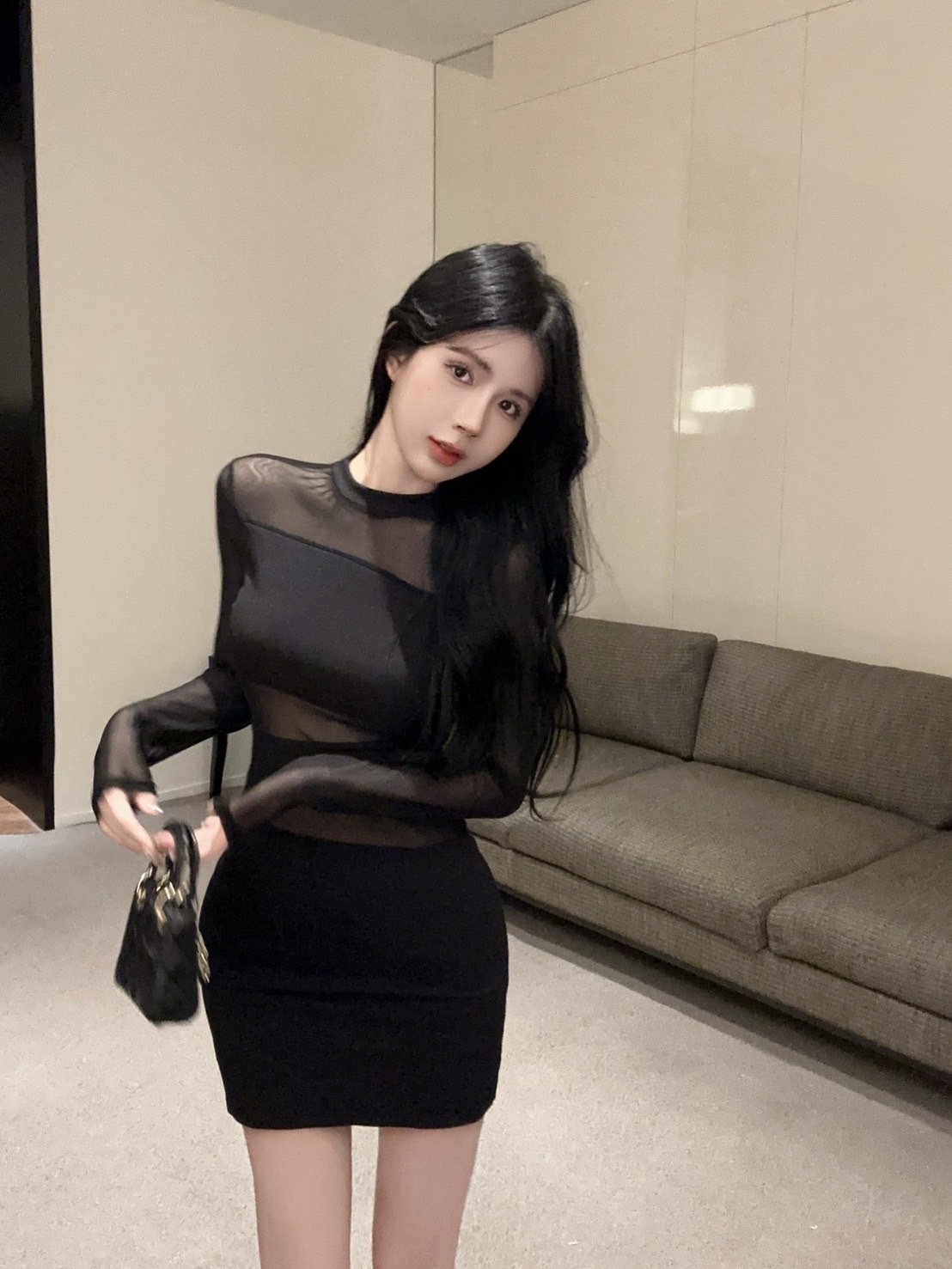 2554性感黑色拼接透视网纱长袖紧身包臀洋 (3)