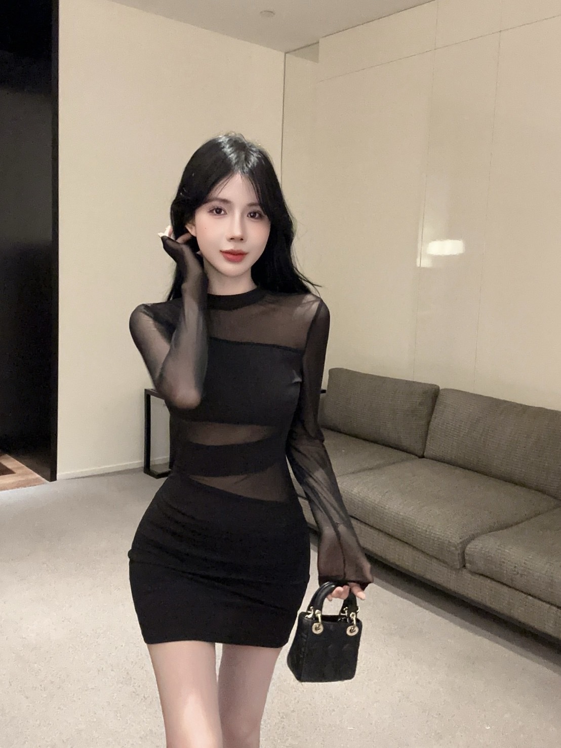 2554性感黑色拼接透视网纱长袖紧身包臀洋 (8)