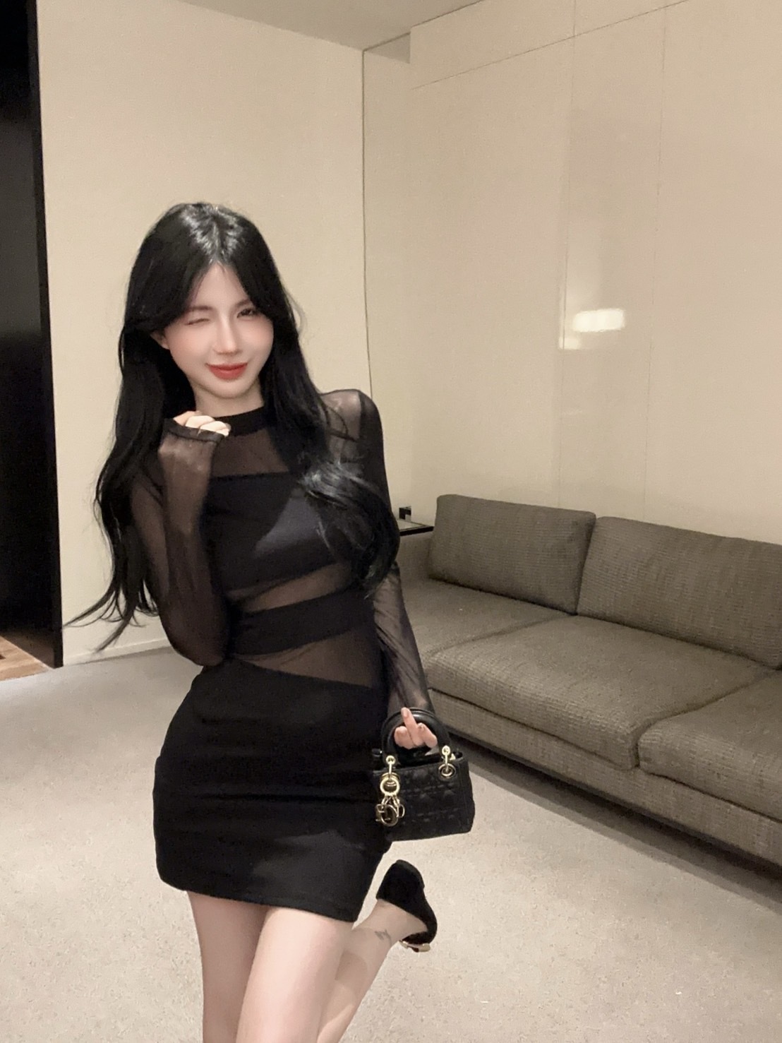 2554性感黑色拼接透视网纱长袖紧身包臀洋 (5)