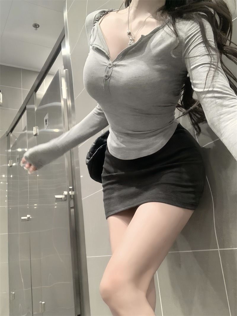 3248纯欲百搭修身紐扣显瘦tee+小灰灰包臀裙 (8)