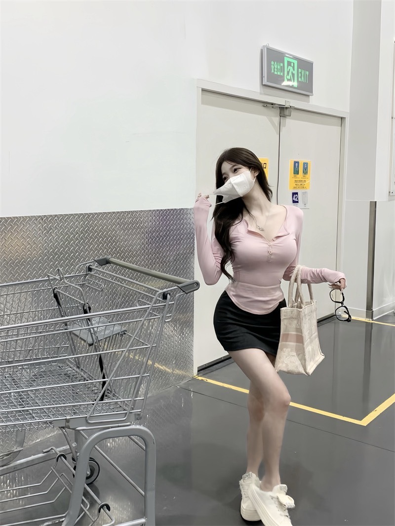 3248纯欲百搭修身紐扣显瘦tee+小灰灰包臀裙 (4)