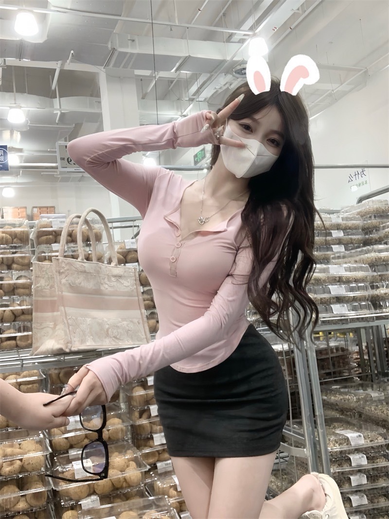 3248纯欲百搭修身紐扣显瘦tee+小灰灰包臀裙 (3)