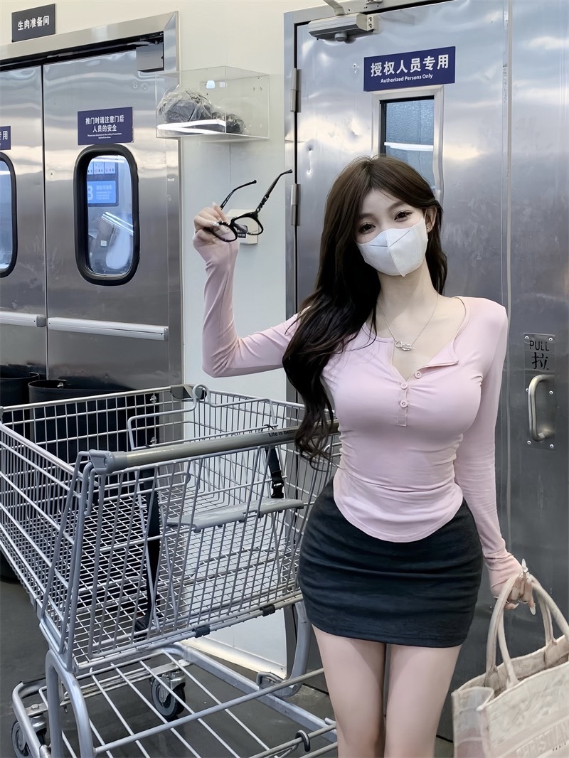 3248纯欲百搭修身紐扣显瘦tee+小灰灰包臀裙 (5)