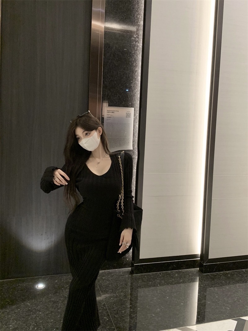 1310针织长袖收腰系带 V领打底连衣裙 (8)