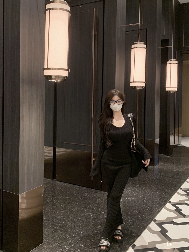 1310针织长袖收腰系带 V领打底连衣裙 (3)