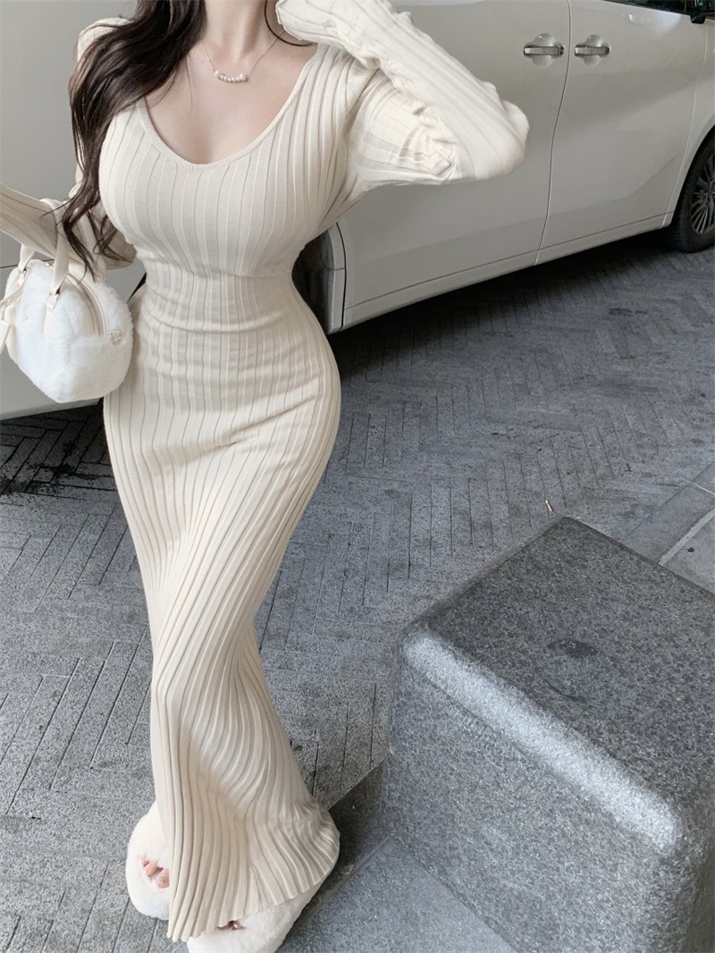 1310针织长袖收腰系带 V领打底连衣裙 (2)