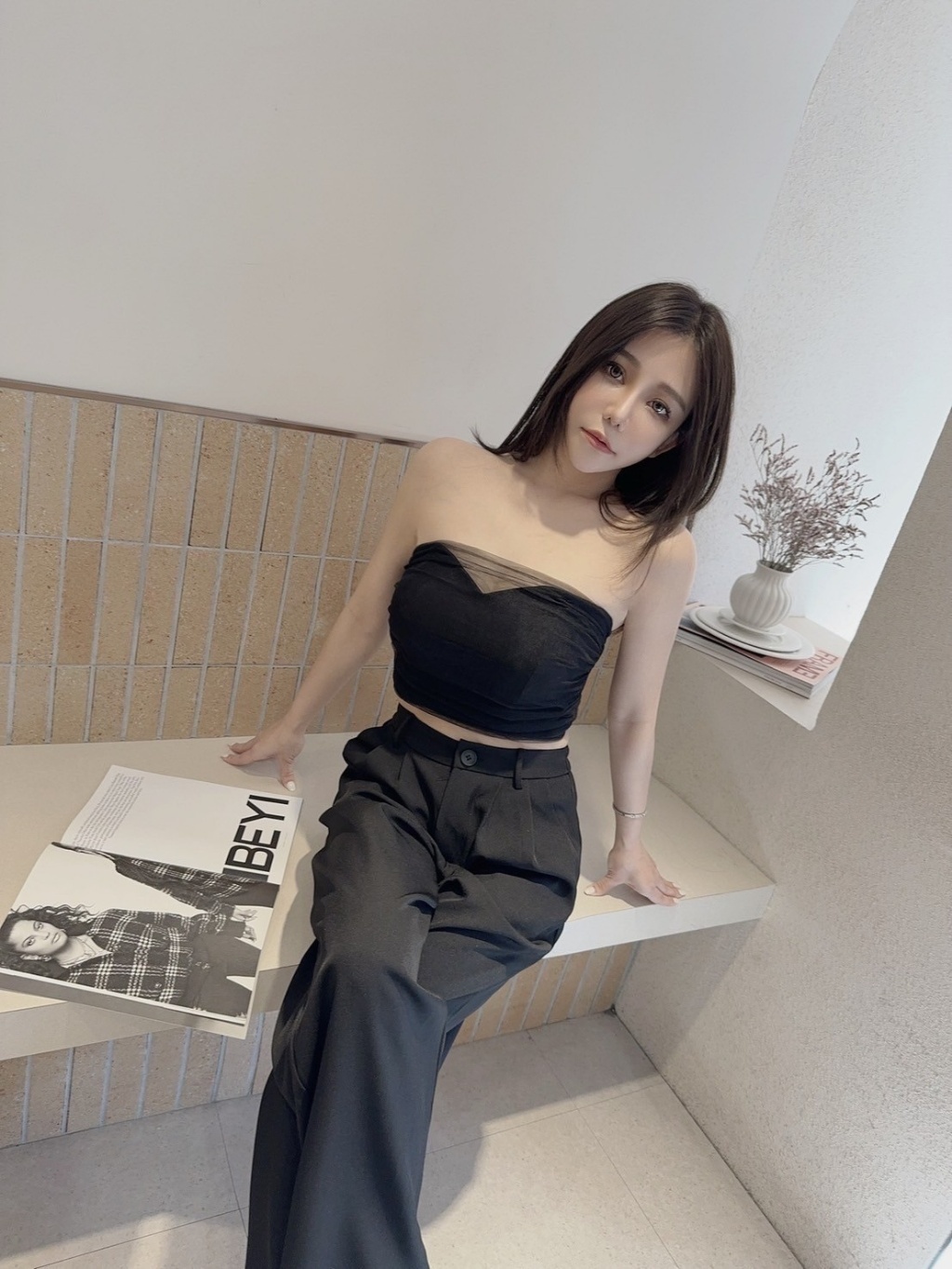 005獨家氣質桃心領網紗拼接背心SET (3)