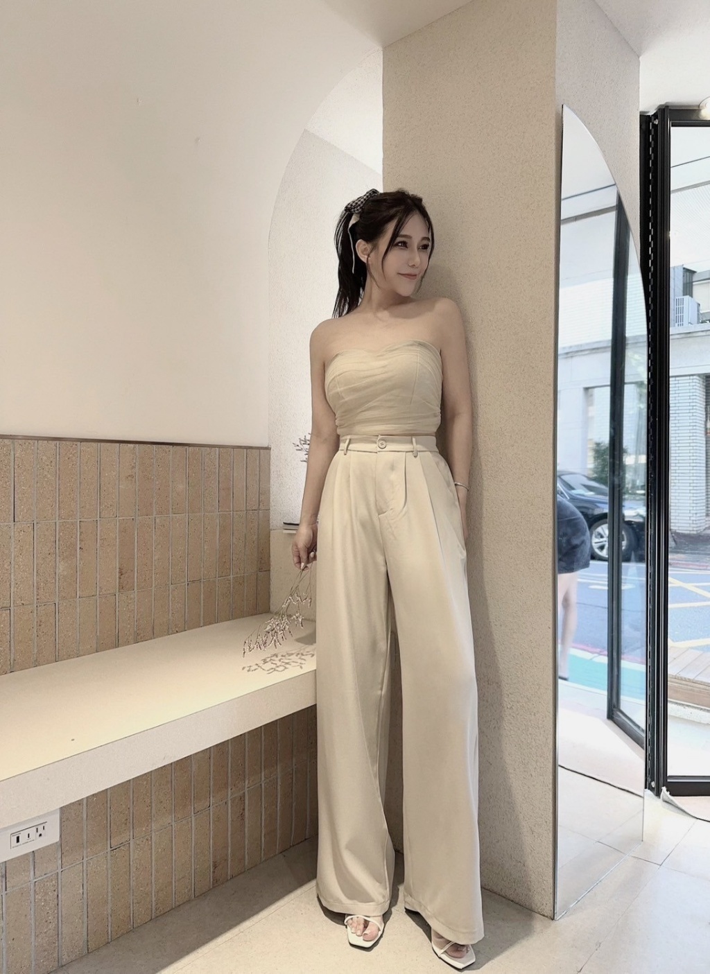 005獨家氣質桃心領網紗拼接背心SET (2)